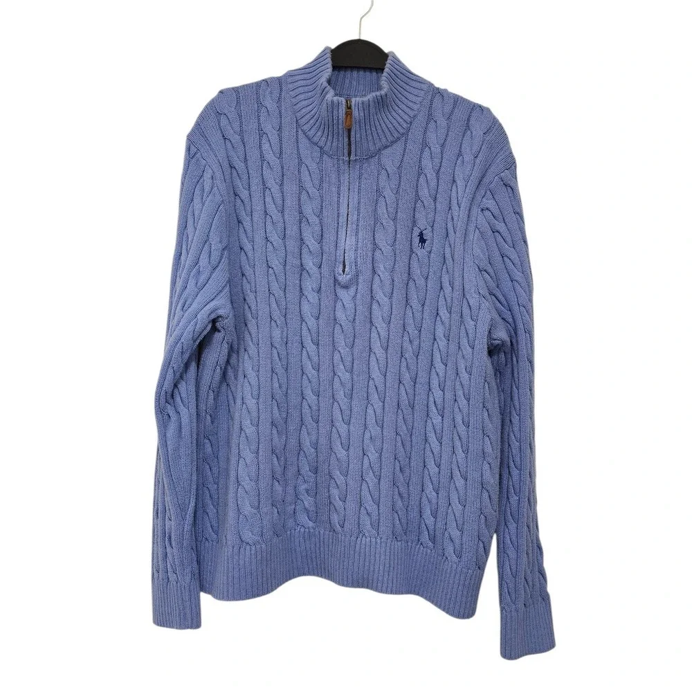 Polo Ralph Lauren Cable Knit Quarter Zip Sweater Mens XXL Blue Cotton Preppy